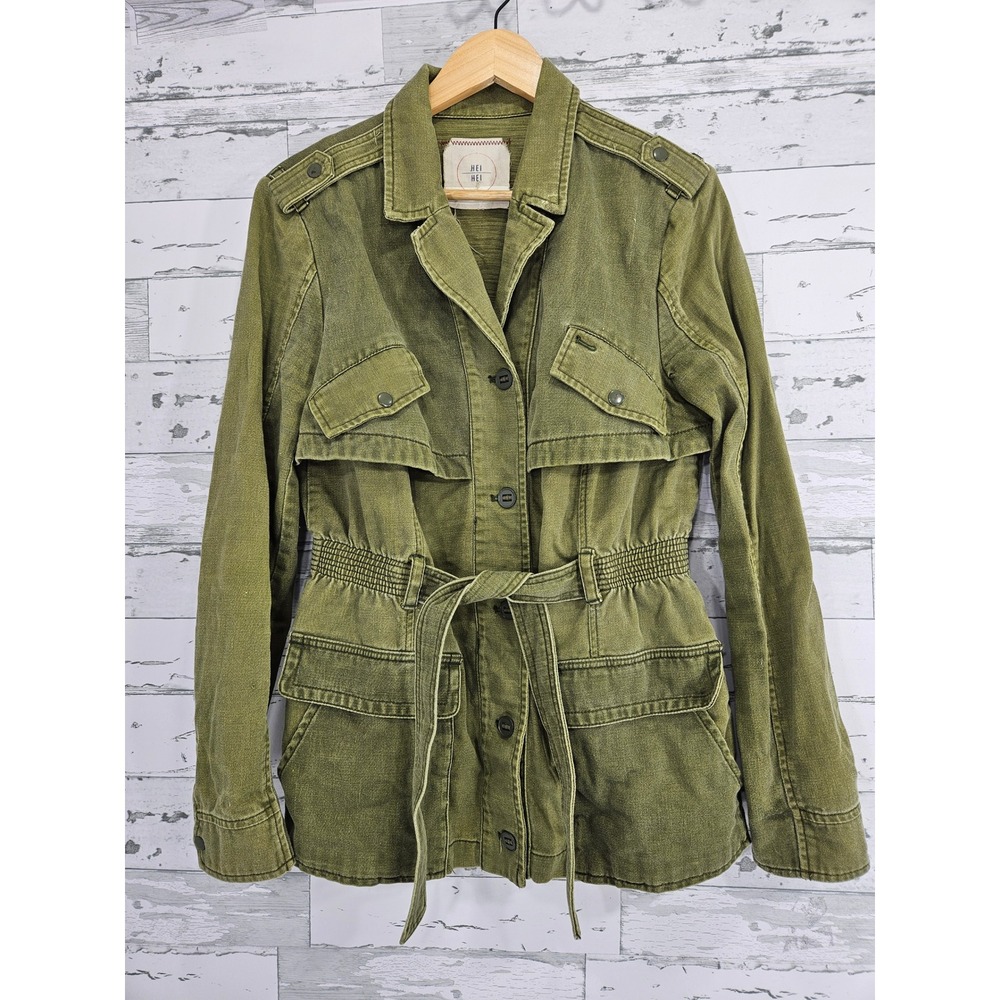 Hei Hei Anthropologie Olive Green Utility Jacket Ruffle Back Belted Cotton Sz M